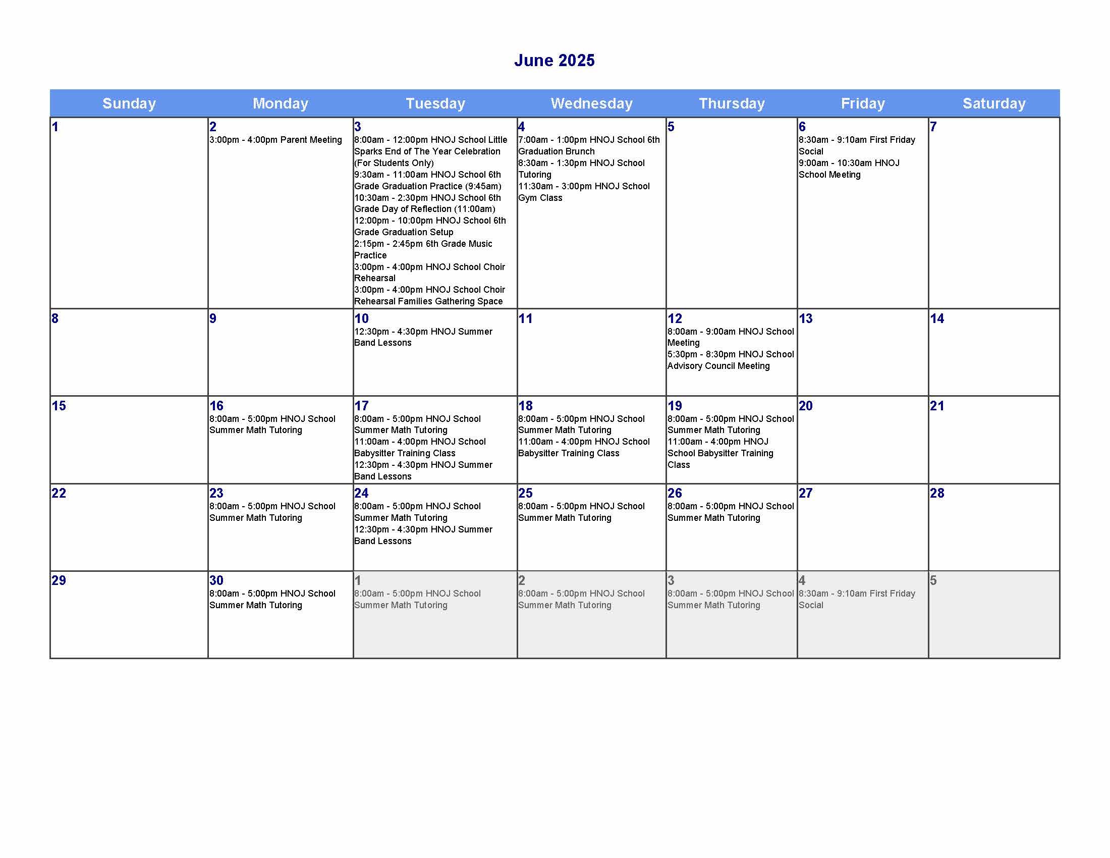 June 2025 School Events